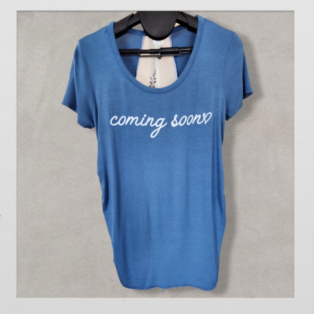 "coming Soon" Blue and Floral Maternity Top, Women's Small (Maternity)